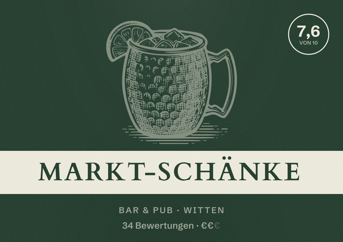 Illustriertes Poster von Markt-Schänke, Bar & Pub in Witten: Bewertung 7,6 von 10 aus 34 Bewertungen, Preisniveau €€