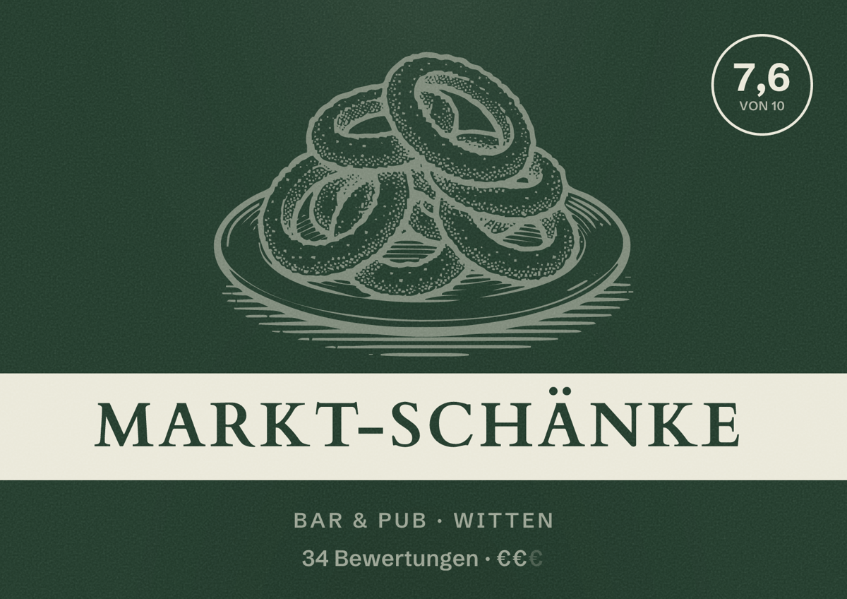 Illustriertes Poster von Markt-Schänke, Bar & Pub in Witten: Bewertung 7,6 von 10 aus 34 Bewertungen, Preisniveau €€