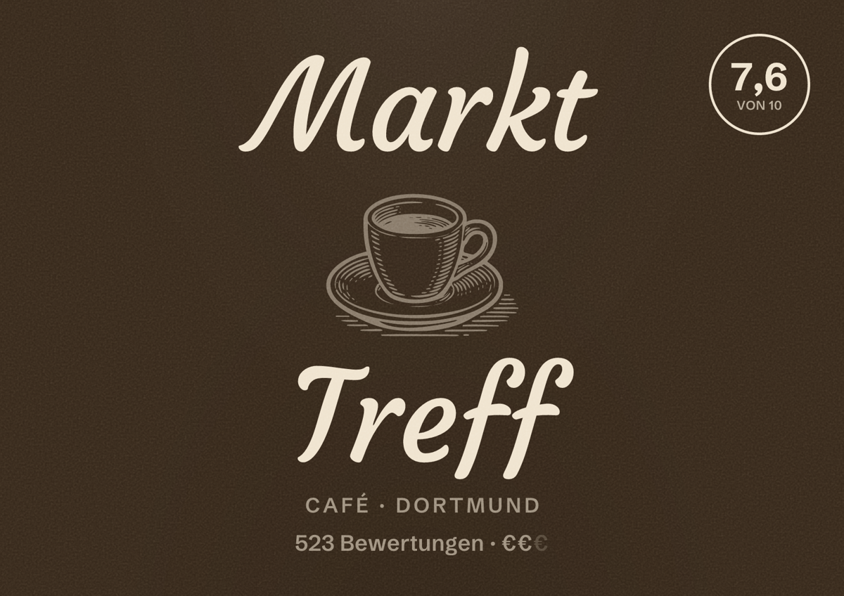 Illustriertes Poster von Markt Treff, Café in Dortmund: Bewertung 7,6 von 10 aus 523 Bewertungen, Preisniveau €€