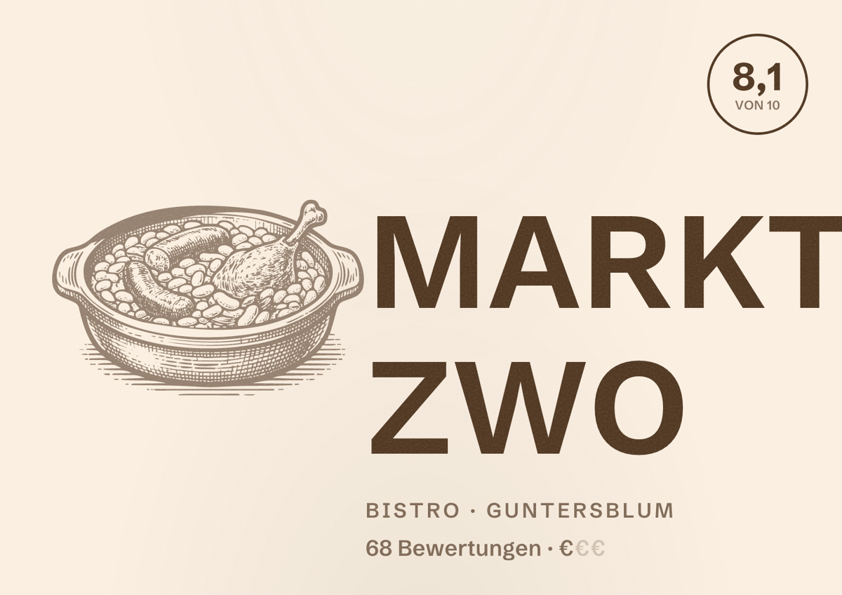 Illustriertes Poster von MARKT ZWO, Bistro in Guntersblum: Bewertung 8,1 von 10 aus 68 Bewertungen, Preisniveau €