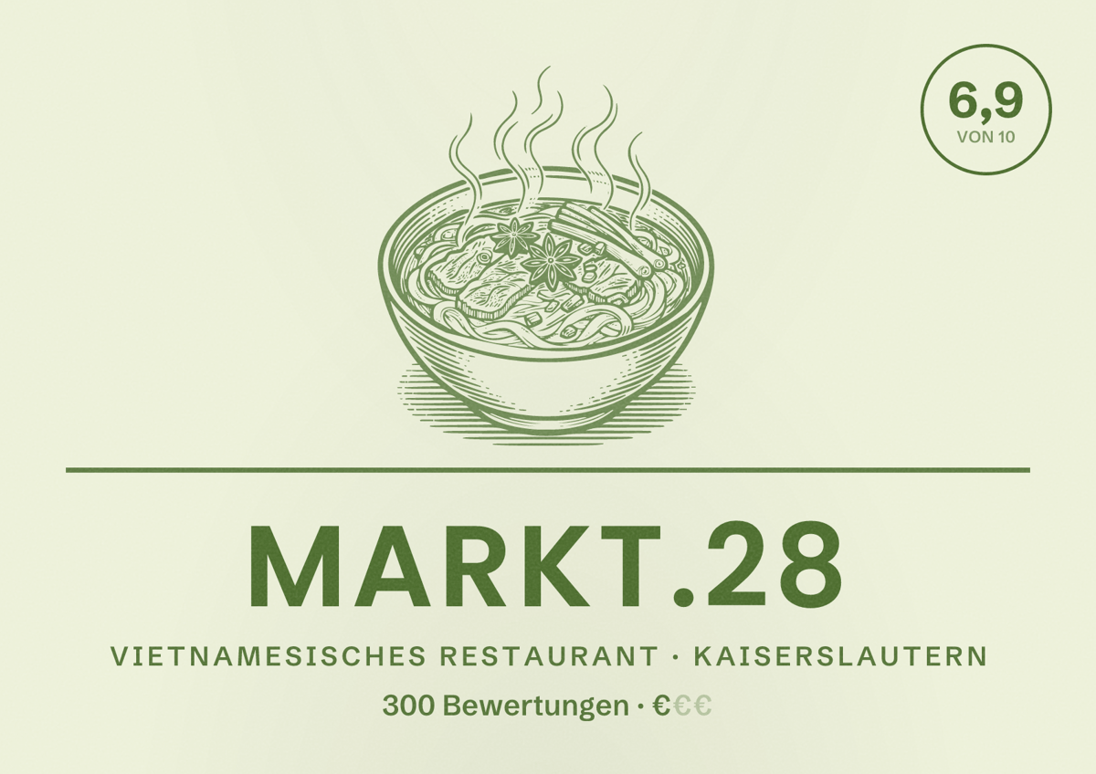 Illustriertes Poster von Markt.28, Vietnamesisches Restaurant in Kaiserslautern: Bewertung 6,9 von 10 aus 300 Bewertungen, Preisniveau €
