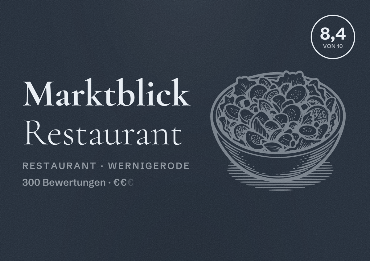 Illustriertes Poster von Marktblick Restaurant, Restaurant in Wernigerode: Bewertung 8,4 von 10 aus 300 Bewertungen, Preisniveau €€