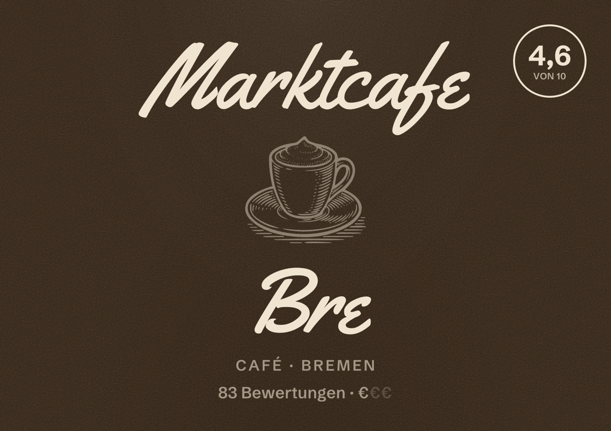 Illustriertes Poster von Marktcafe Bre, Café in Bremen: Bewertung 4,6 von 10 aus 83 Bewertungen, Preisniveau €