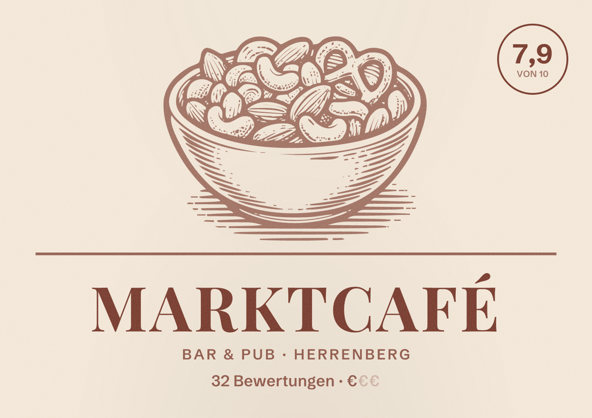 Illustriertes Poster von Marktcafé, Bar & Pub in Herrenberg: Bewertung 7,9 von 10 aus 32 Bewertungen, Preisniveau €