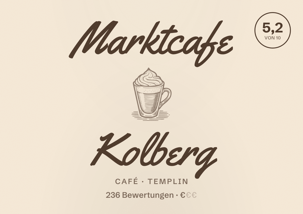 Illustriertes Poster von Marktcafe Kolberg, Café in Templin: Bewertung 5,2 von 10 aus 236 Bewertungen, Preisniveau €
