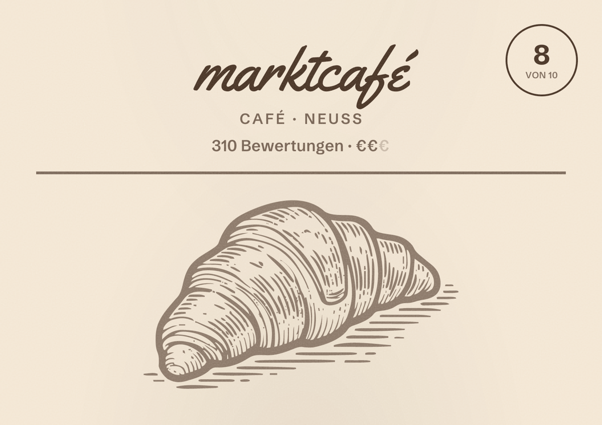 Illustriertes Poster von marktcafé, Café in Neuss: Bewertung 8,0 von 10 aus 310 Bewertungen, Preisniveau €€