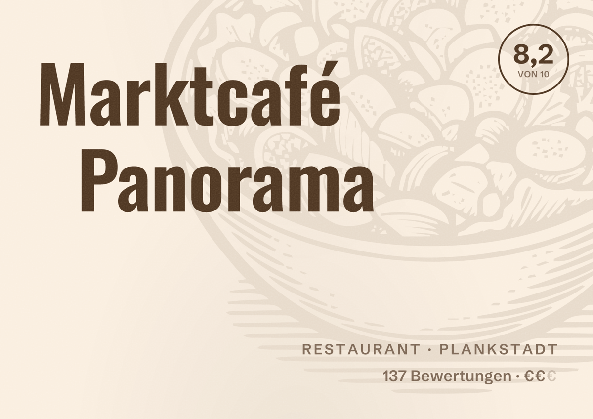 Illustriertes Poster von Marktcafé Panorama, Restaurant in Plankstadt: Bewertung 8,2 von 10 aus 137 Bewertungen, Preisniveau €€