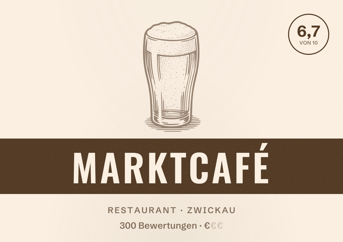 Illustriertes Poster von Marktcafé, Restaurant in Zwickau: Bewertung 6,7 von 10 aus 300 Bewertungen, Preisniveau €