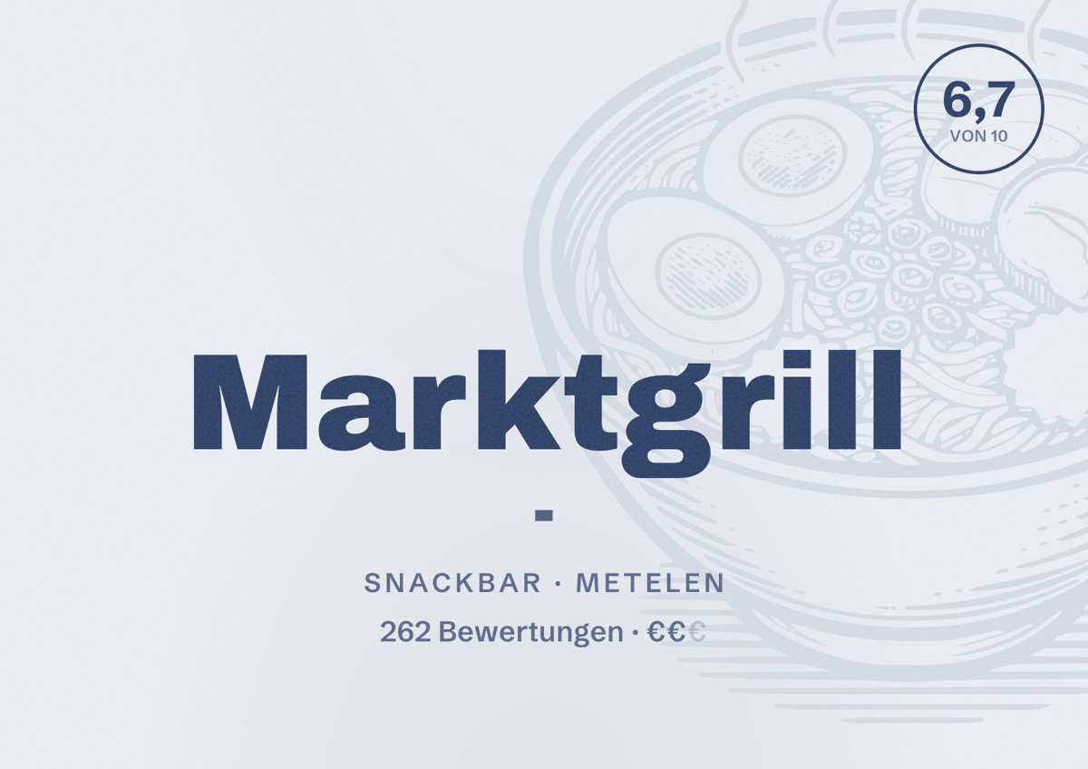 Illustriertes Poster von Marktgrill -, Snackbar in Metelen: Bewertung 6,7 von 10 aus 262 Bewertungen, Preisniveau €€
