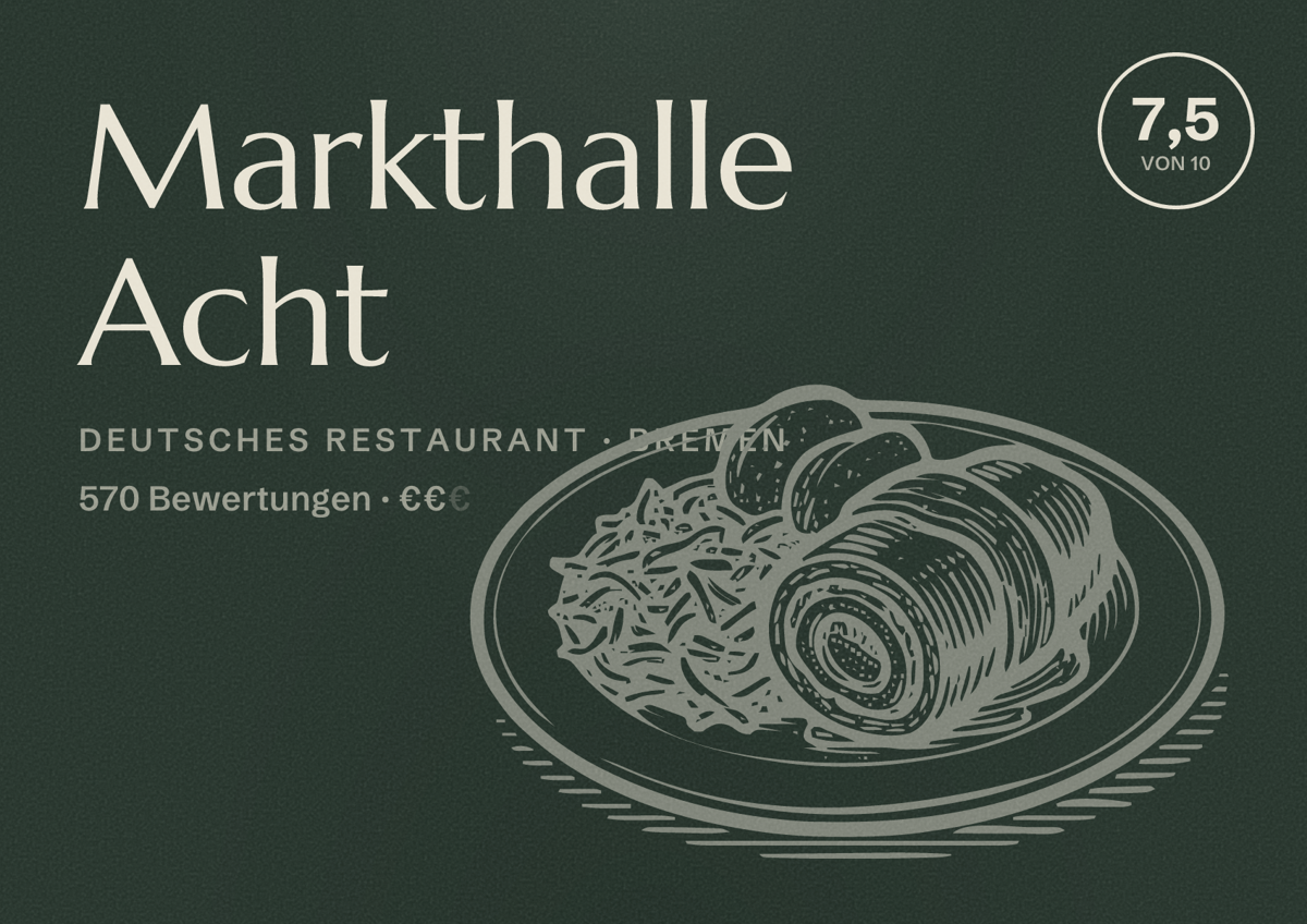 Illustriertes Poster von Markthalle Acht, Deutsches Restaurant in Bremen: Bewertung 7,5 von 10 aus 570 Bewertungen, Preisniveau €€