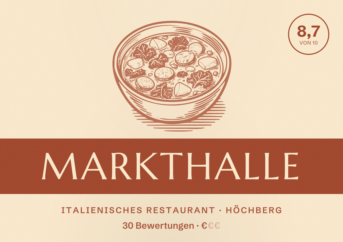 Illustriertes Poster von Markthalle, Italienisches Restaurant in Höchberg: Bewertung 8,7 von 10 aus 30 Bewertungen, Preisniveau €