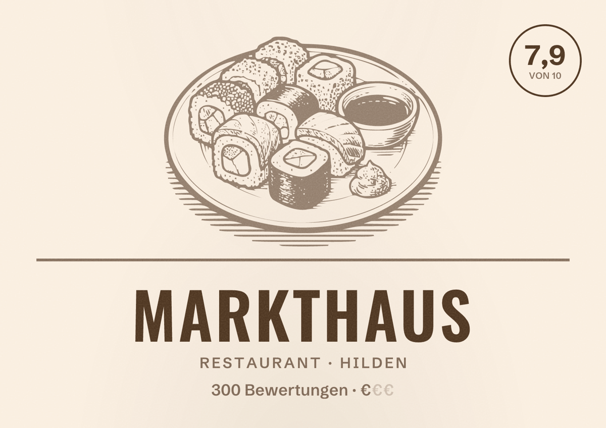 Illustriertes Poster von Markthaus, Restaurant in Hilden: Bewertung 7,9 von 10 aus 300 Bewertungen, Preisniveau €