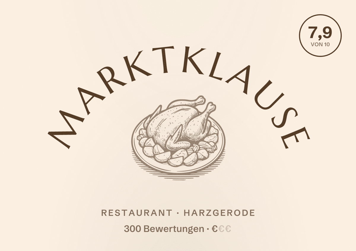 Illustriertes Poster von Marktklause, Restaurant in Harzgerode: Bewertung 7,9 von 10 aus 300 Bewertungen, Preisniveau €