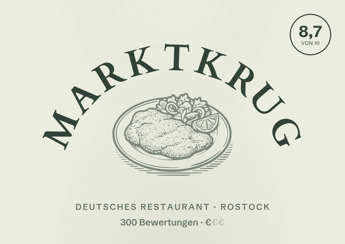Illustriertes Poster von Marktkrug, Deutsches Restaurant in Rostock: Bewertung 8,7 von 10 aus 300 Bewertungen, Preisniveau €