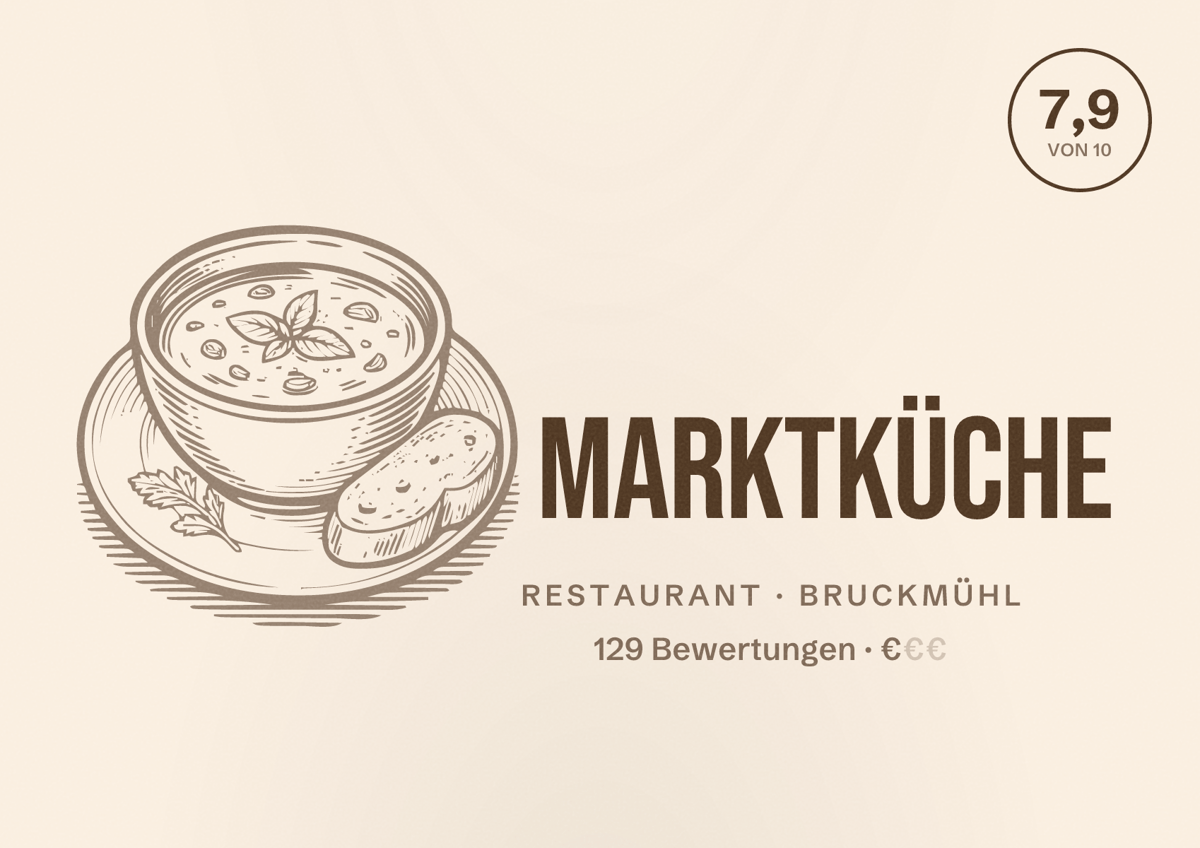 Illustriertes Poster von Marktküche, Restaurant in Bruckmühl: Bewertung 7,9 von 10 aus 129 Bewertungen, Preisniveau €