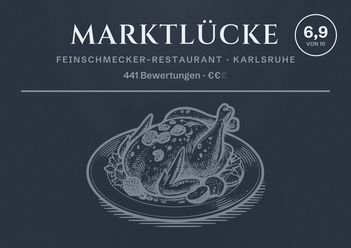 Illustriertes Poster von Marktlücke, Feinschmecker-Restaurant in Karlsruhe: Bewertung 6,9 von 10 aus 441 Bewertungen, Preisniveau €€