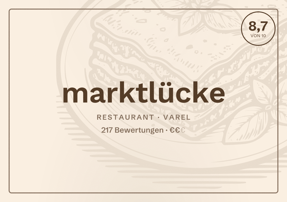 Illustriertes Poster von marktlücke, Restaurant in Varel: Bewertung 8,7 von 10 aus 217 Bewertungen, Preisniveau €€