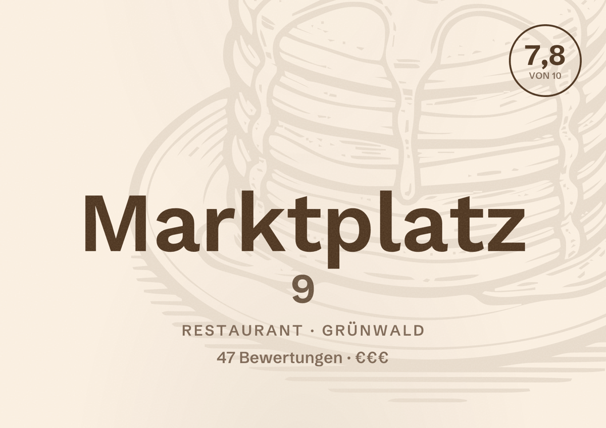 Illustriertes Poster von Marktplatz 9, Restaurant in Grünwald: Bewertung 7,8 von 10 aus 47 Bewertungen, Preisniveau €€€