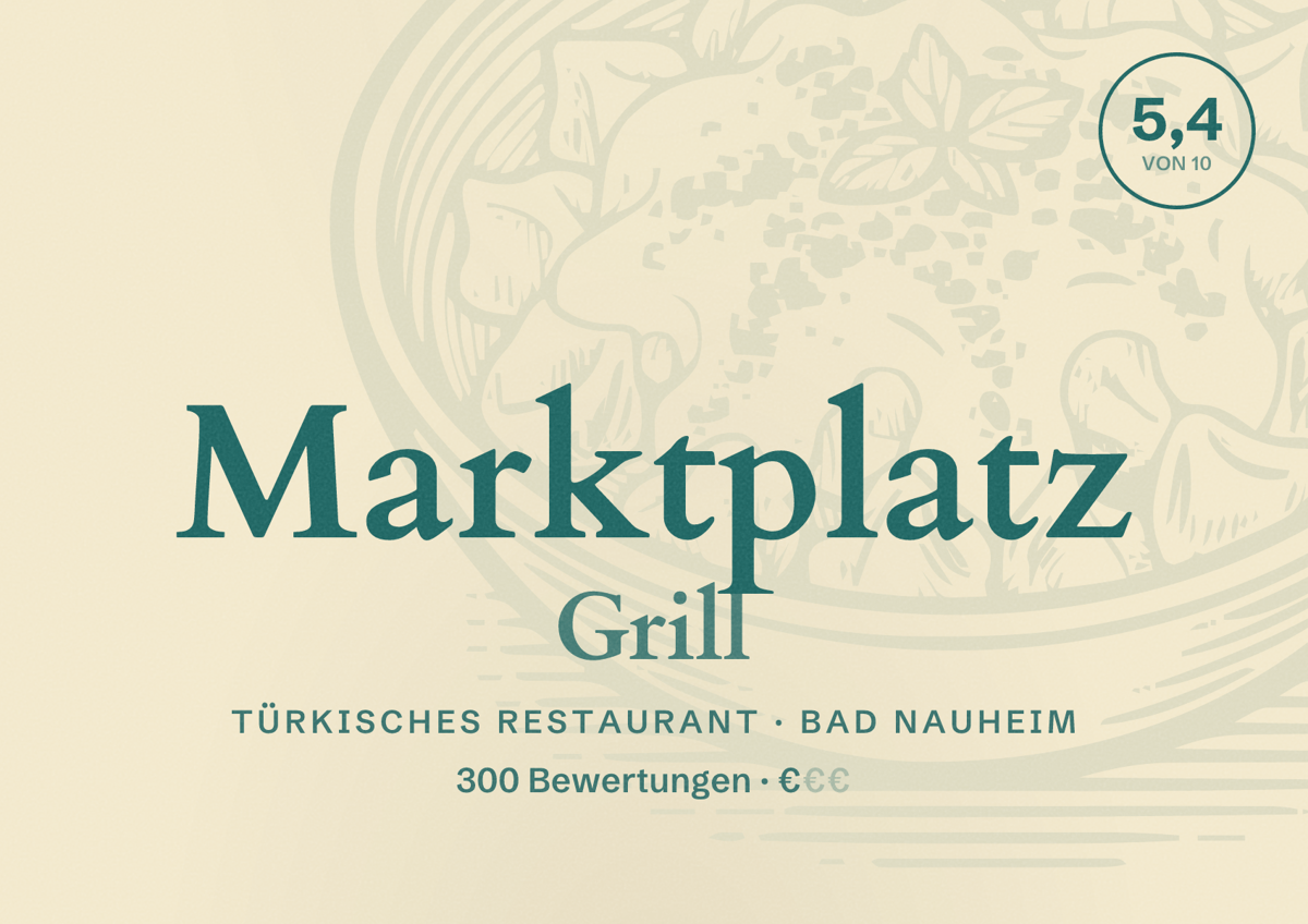 Illustriertes Poster von Marktplatz Grill, Türkisches Restaurant in Bad Nauheim: Bewertung 5,4 von 10 aus 300 Bewertungen, Preisniveau €