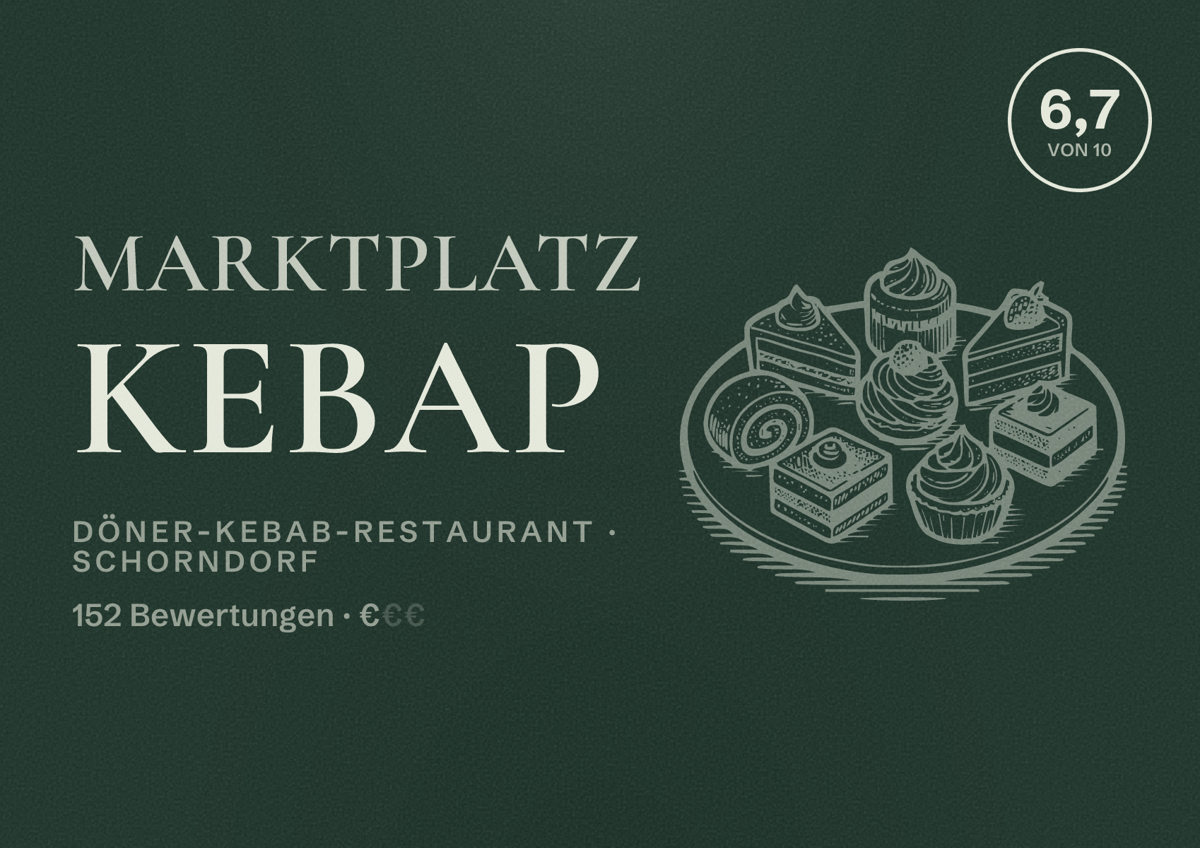 Illustriertes Poster von Marktplatz Kebap, Döner-Kebab-Restaurant in Schorndorf: Bewertung 6,7 von 10 aus 152 Bewertungen, Preisniveau €