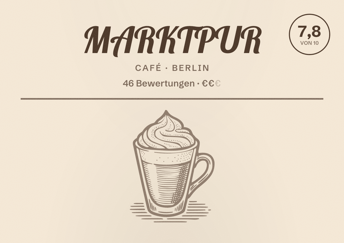 Illustriertes Poster von MARKTPUR, Café in Berlin: Bewertung 7,8 von 10 aus 46 Bewertungen, Preisniveau €€