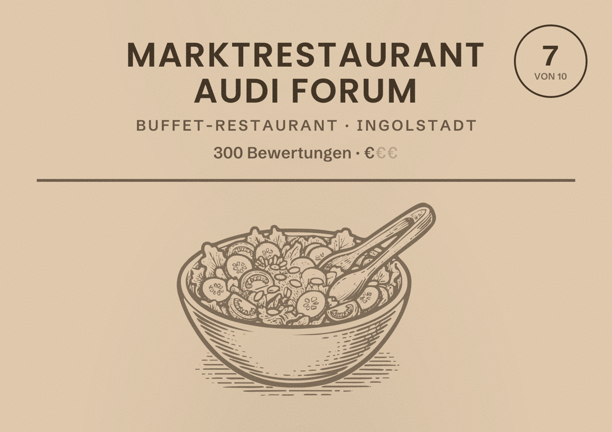 Illustriertes Poster von Marktrestaurant Audi Forum, Buffet-Restaurant in Ingolstadt: Bewertung 7 von 10 aus 300 Bewertungen, Preisniveau €