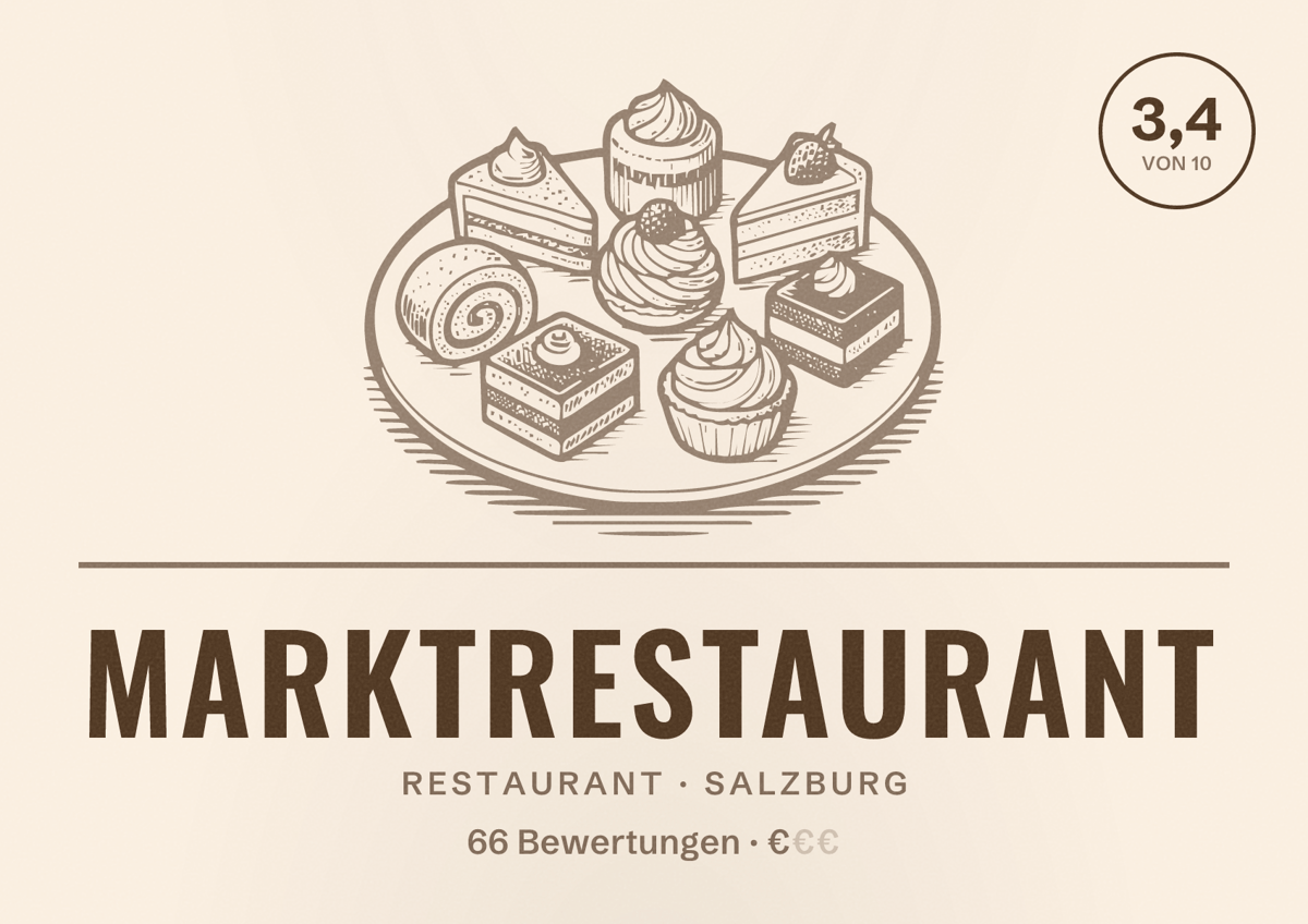 Illustriertes Poster von Marktrestaurant, Restaurant in Salzburg: Bewertung 3,4 von 10 aus 66 Bewertungen, Preisniveau €