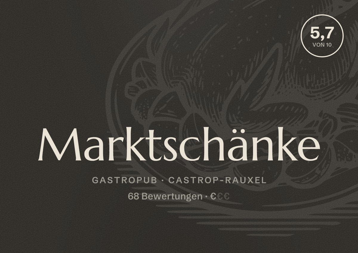 Illustriertes Poster von Marktschänke, Gastropub in Castrop-Rauxel: Bewertung 5,7 von 10 aus 68 Bewertungen, Preisniveau €
