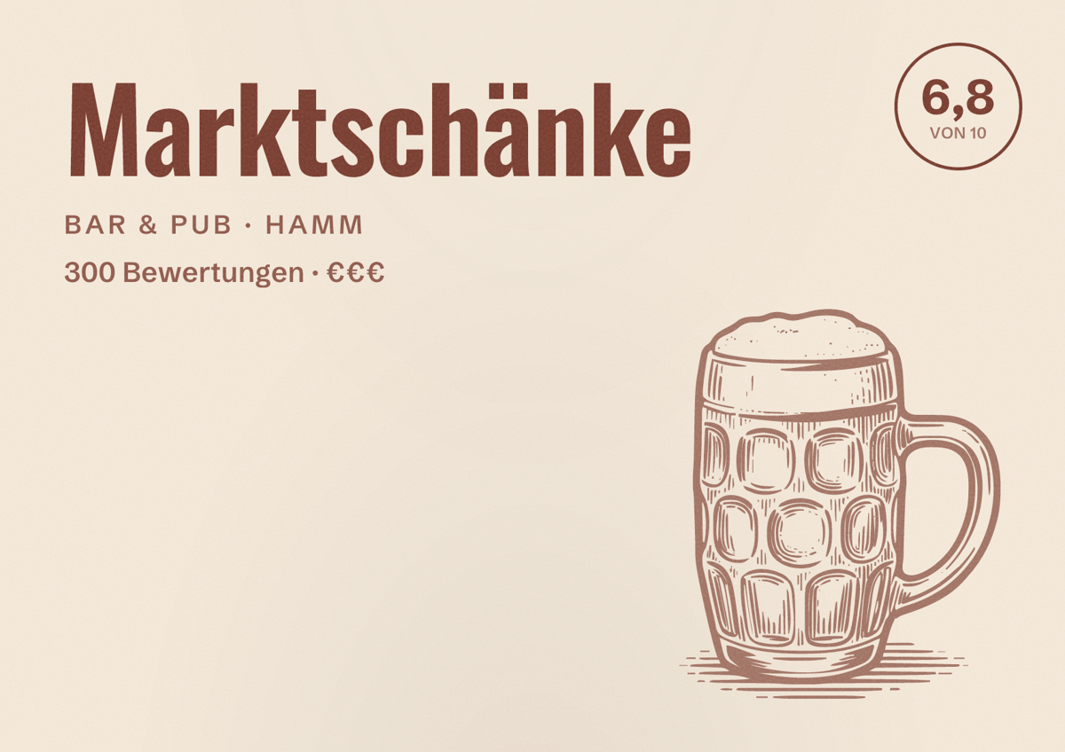Illustriertes Poster von Marktschänke, Bar & Pub in Hamm: Bewertung 6,8 von 10 aus 300 Bewertungen, Preisniveau €€€