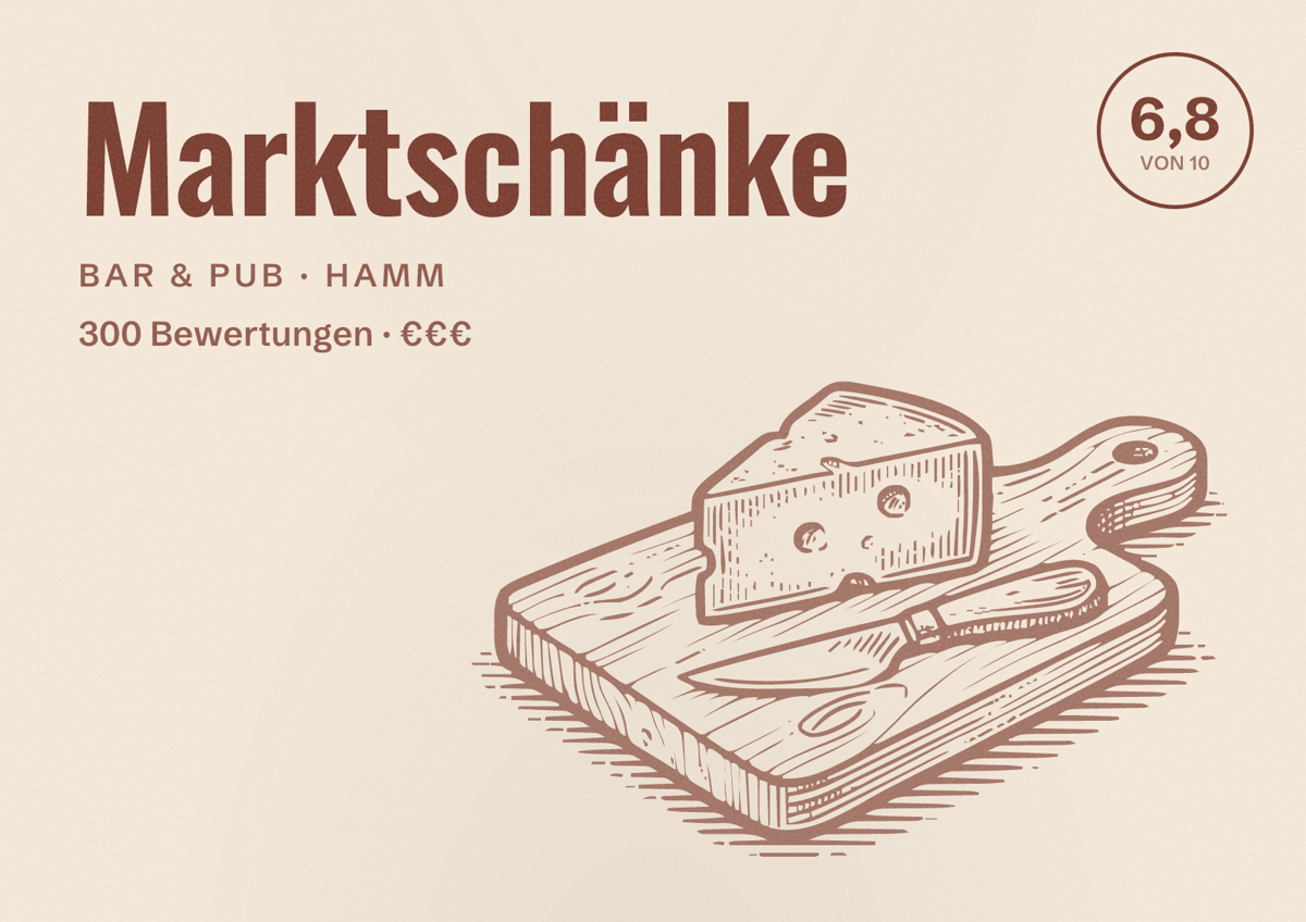 Illustriertes Poster von Marktschänke, Bar & Pub in Hamm: Bewertung 6,8 von 10 aus 300 Bewertungen, Preisniveau €€€