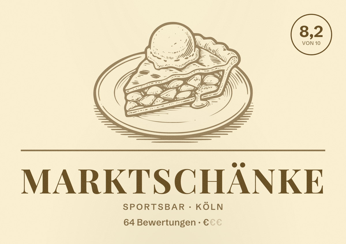 Illustriertes Poster von Marktschänke, Sportsbar in Köln: Bewertung 8,2 von 10 aus 64 Bewertungen, Preisniveau €
