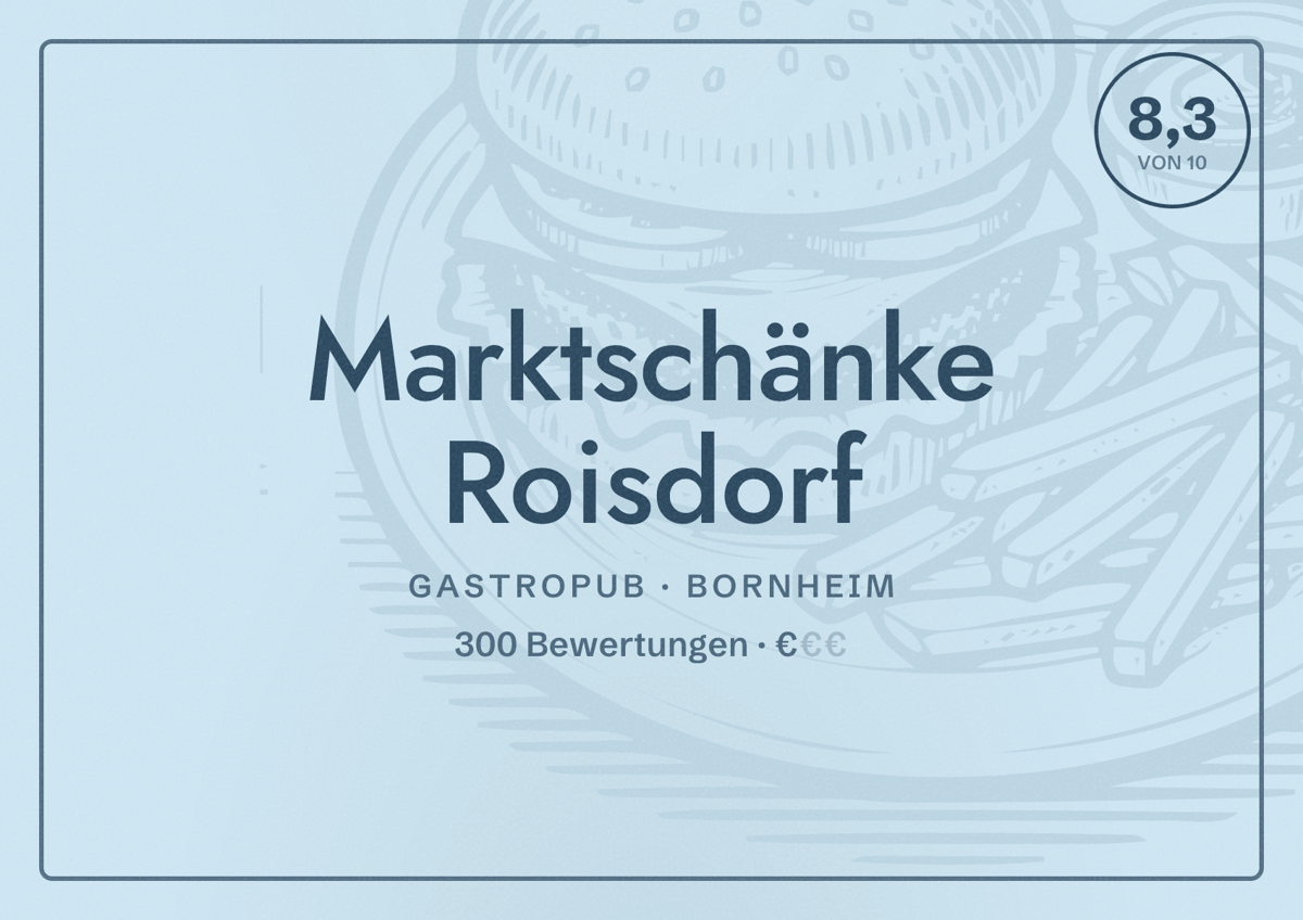 Illustriertes Poster von Marktschänke Roisdorf, Gastropub in Bornheim: Bewertung 8,3 von 10 aus 300 Bewertungen, Preisniveau €