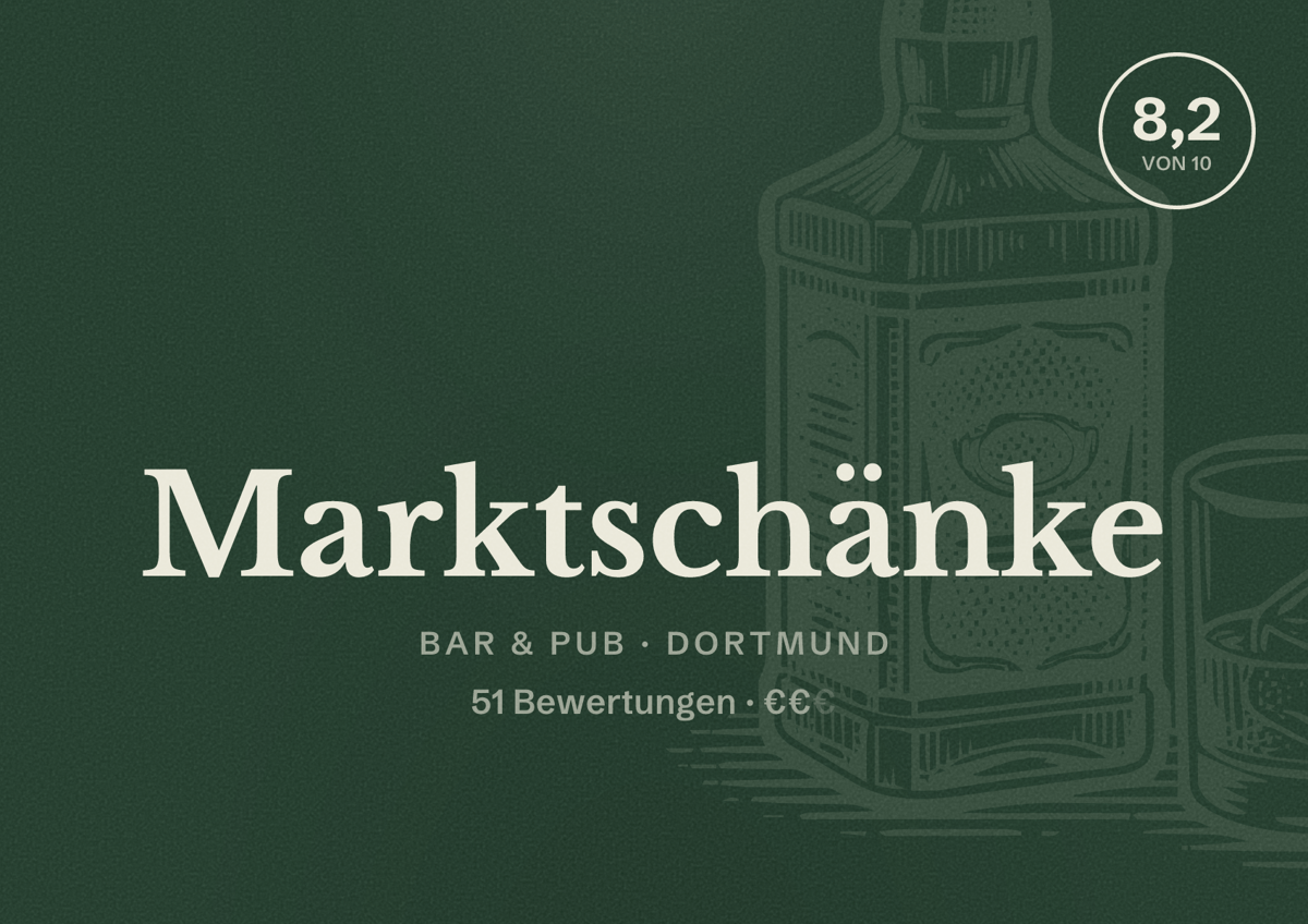 Illustriertes Poster von Marktschänke, Bar & Pub in Dortmund: Bewertung 8,2 von 10 aus 51 Bewertungen, Preisniveau €€
