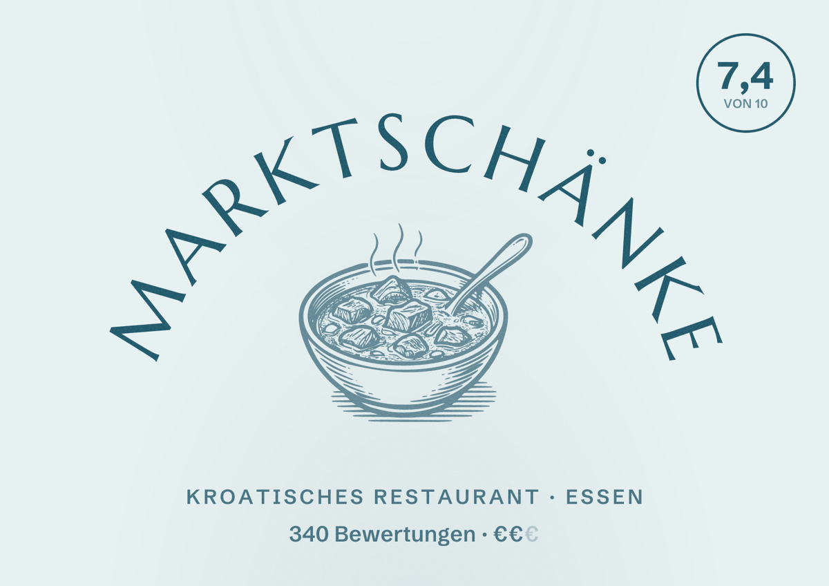 Illustriertes Poster von Marktschänke, Kroatisches Restaurant in Essen: Bewertung 7,4 von 10 aus 340 Bewertungen, Preisniveau €€