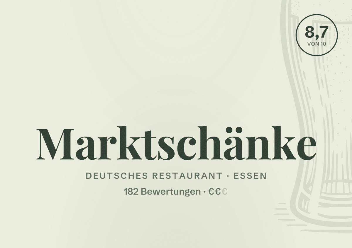 Illustriertes Poster von Marktschänke, Deutsches Restaurant in Essen: Bewertung 8,7 von 10 aus 182 Bewertungen, Preisniveau €€