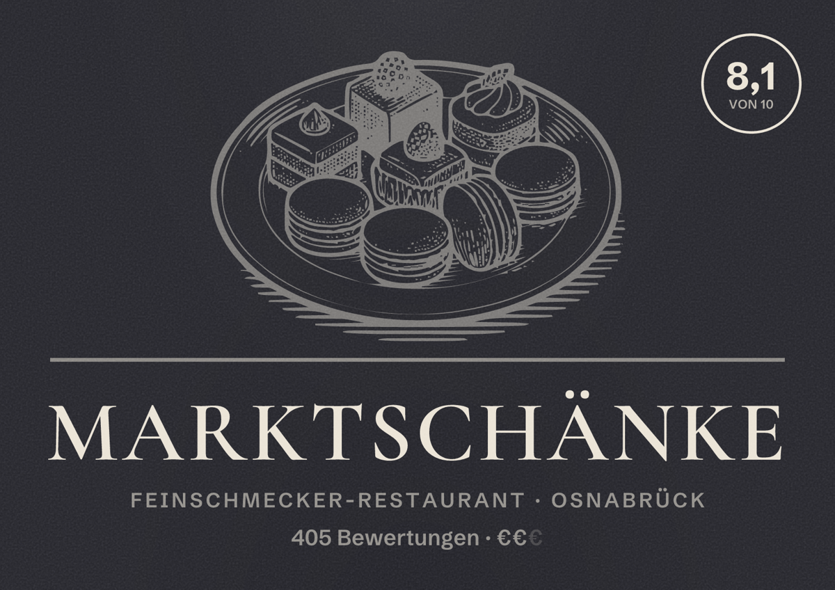 Illustriertes Poster von Marktschänke, Feinschmecker-Restaurant in Osnabrück: Bewertung 8,1 von 10 aus 405 Bewertungen, Preisniveau €€