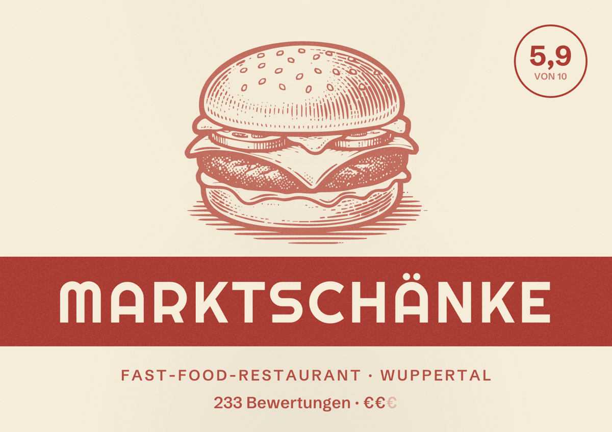 Illustriertes Poster von Marktschänke, Fast-Food-Restaurant in Wuppertal: Bewertung 5,9 von 10 aus 233 Bewertungen, Preisniveau €€