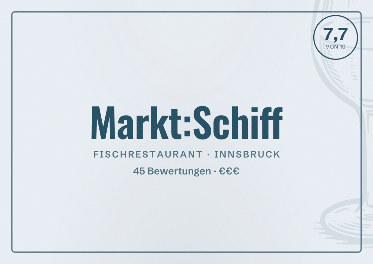 Illustriertes Poster von Markt:Schiff, Fischrestaurant in Innsbruck: Bewertung 7,7 von 10 aus 45 Bewertungen, Preisniveau €€€