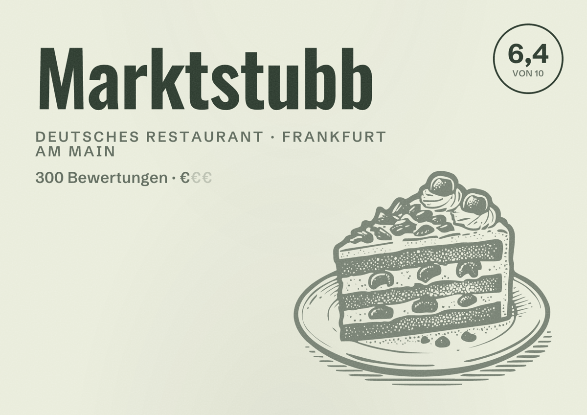 Illustriertes Poster von Marktstubb, Deutsches Restaurant in Frankfurt am Main: Bewertung 6,4 von 10 aus 300 Bewertungen, Preisniveau €