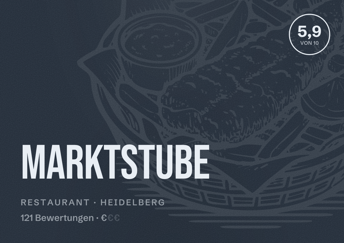 Illustriertes Poster von Marktstube, Restaurant in Heidelberg: Bewertung 5,9 von 10 aus 121 Bewertungen, Preisniveau €