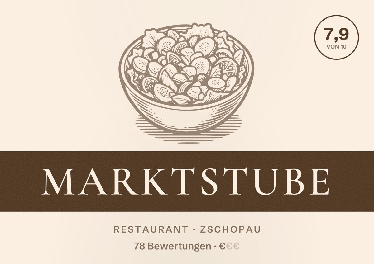 Illustriertes Poster von Marktstube, Restaurant in Zschopau: Bewertung 7,9 von 10 aus 78 Bewertungen, Preisniveau €
