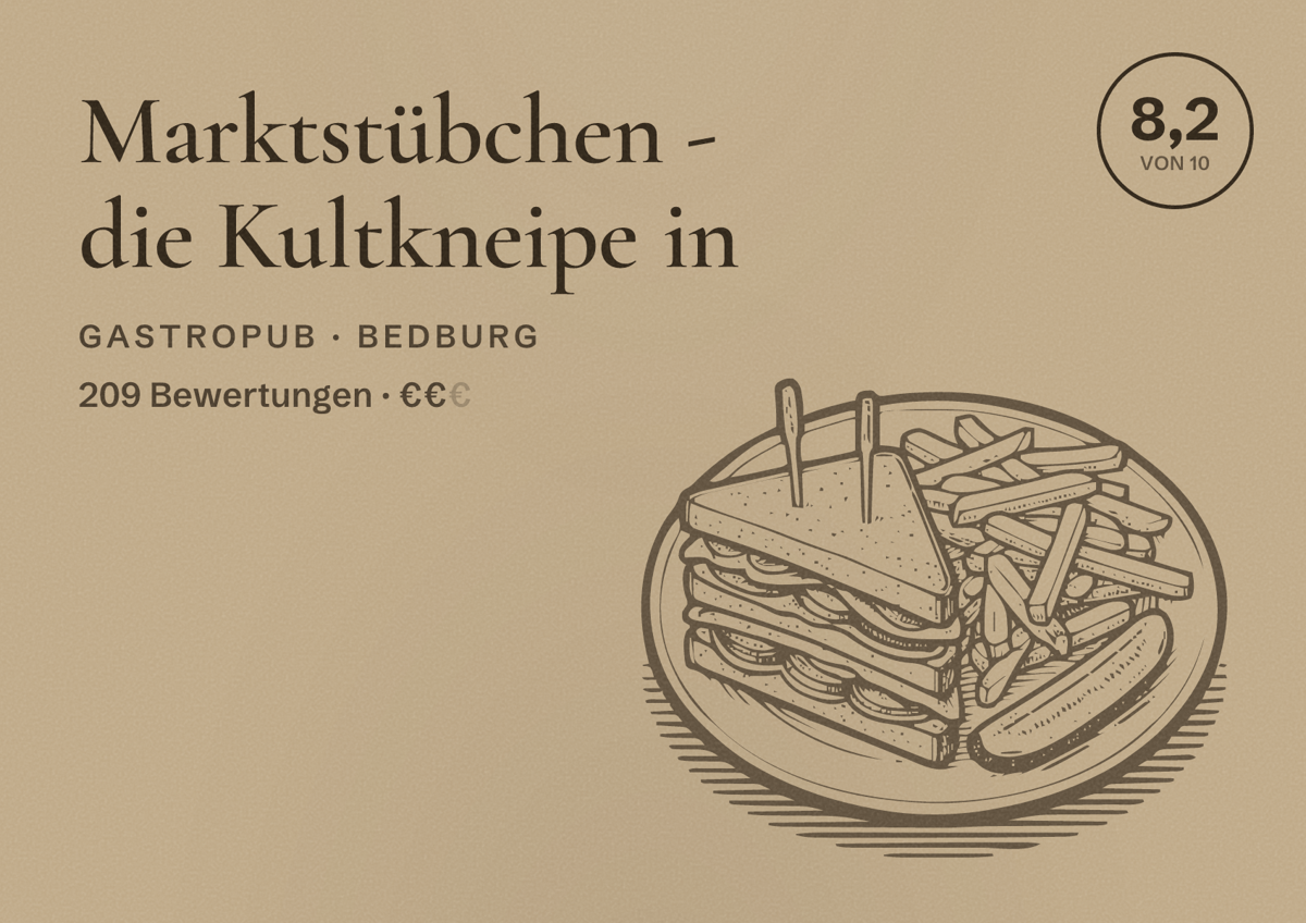 Illustriertes Poster von Marktstübchen - die Kultkneipe in, Gastropub in Bedburg: Bewertung 8,2 von 10 aus 209 Bewertungen, Preisniveau €€