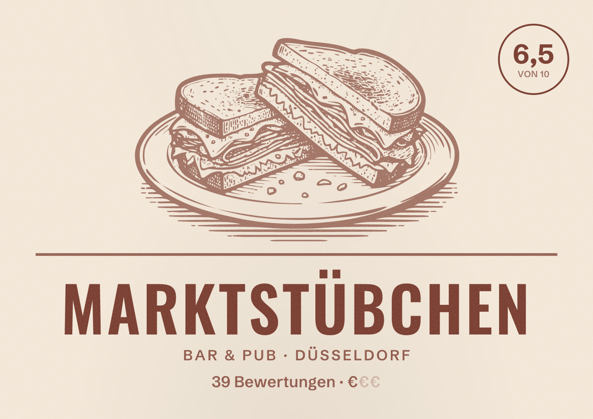 Illustriertes Poster von Marktstübchen, Bar & Pub in Düsseldorf: Bewertung 6,5 von 10 aus 39 Bewertungen, Preisniveau €