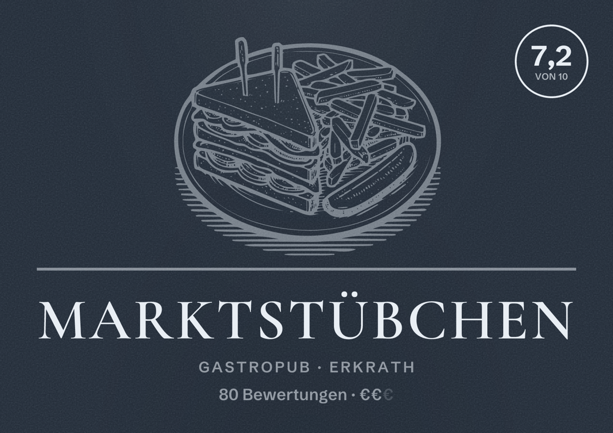 Illustriertes Poster von Marktstübchen, Gastropub in Erkrath: Bewertung 7,2 von 10 aus 80 Bewertungen, Preisniveau €€