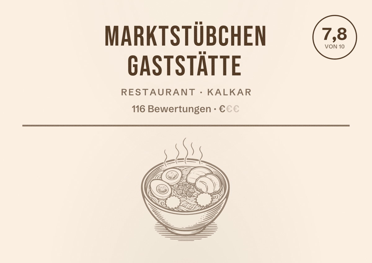Illustriertes Poster von Marktstübchen Gaststätte, Restaurant in Kalkar: Bewertung 7,8 von 10 aus 116 Bewertungen, Preisniveau €