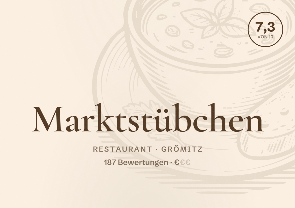 Illustriertes Poster von Marktstübchen, Restaurant in Grömitz: Bewertung 7,3 von 10 aus 187 Bewertungen, Preisniveau €