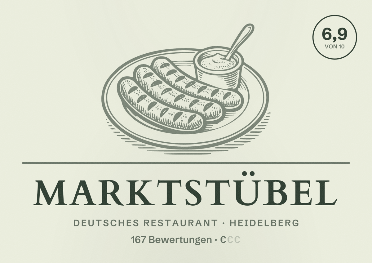 Illustriertes Poster von Marktstübel, Deutsches Restaurant in Heidelberg: Bewertung 6,9 von 10 aus 167 Bewertungen, Preisniveau €