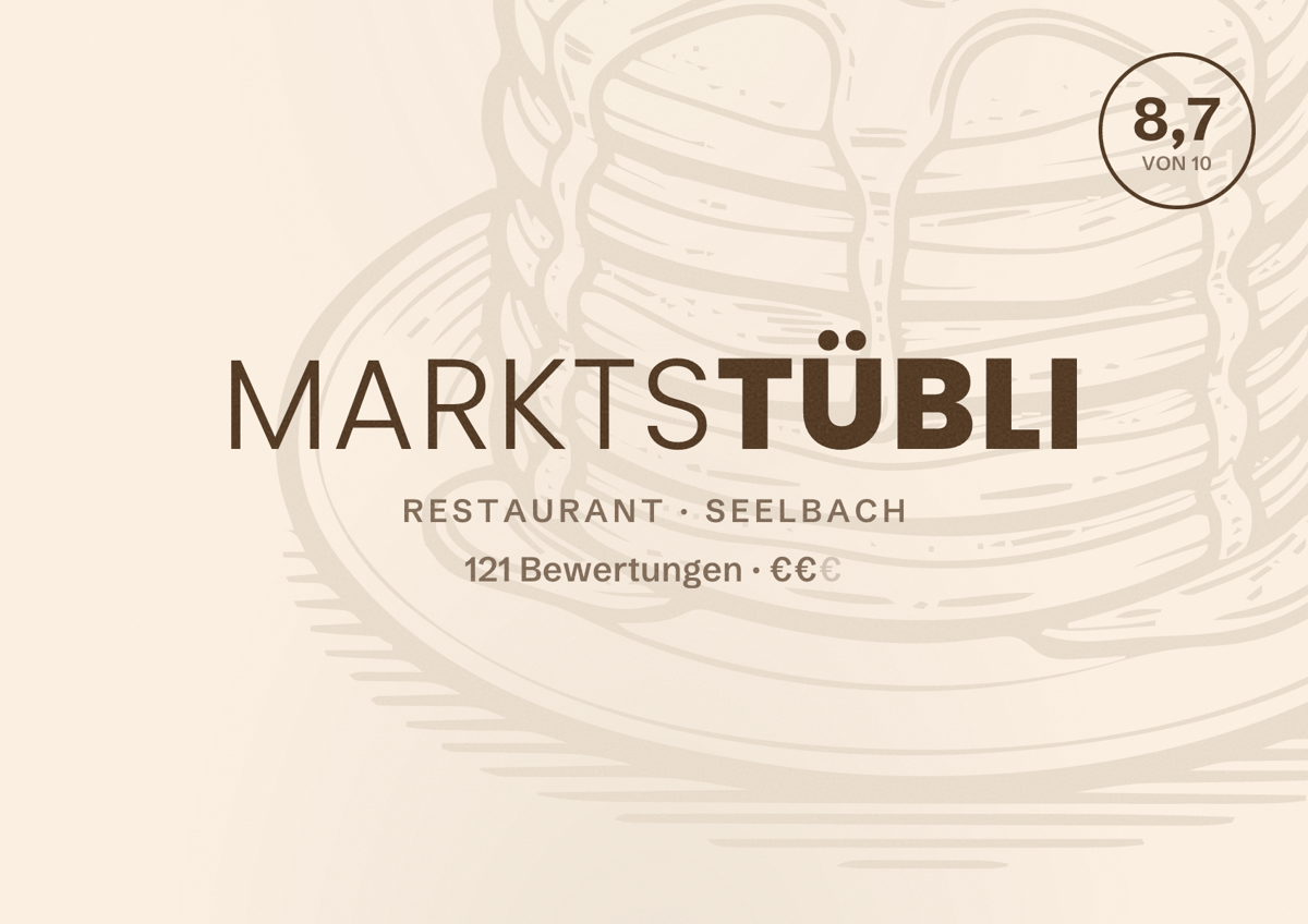 Illustriertes Poster von MarktStübli, Restaurant in Seelbach: Bewertung 8,7 von 10 aus 121 Bewertungen, Preisniveau €€