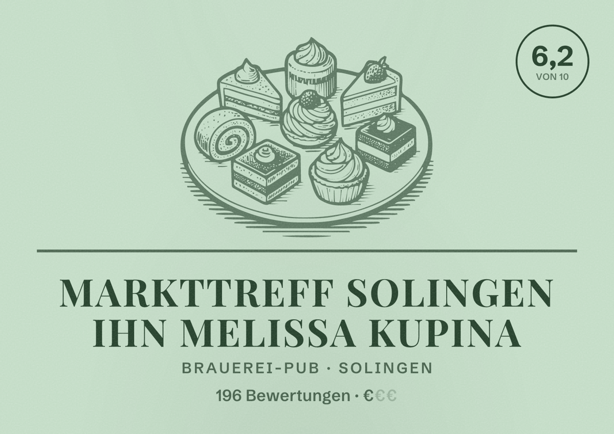 Illustriertes Poster von Markttreff solingen Ihn Melissa Kupina, Brauerei-Pub in Solingen: Bewertung 6,2 von 10 aus 196 Bewertungen, Preisniveau €