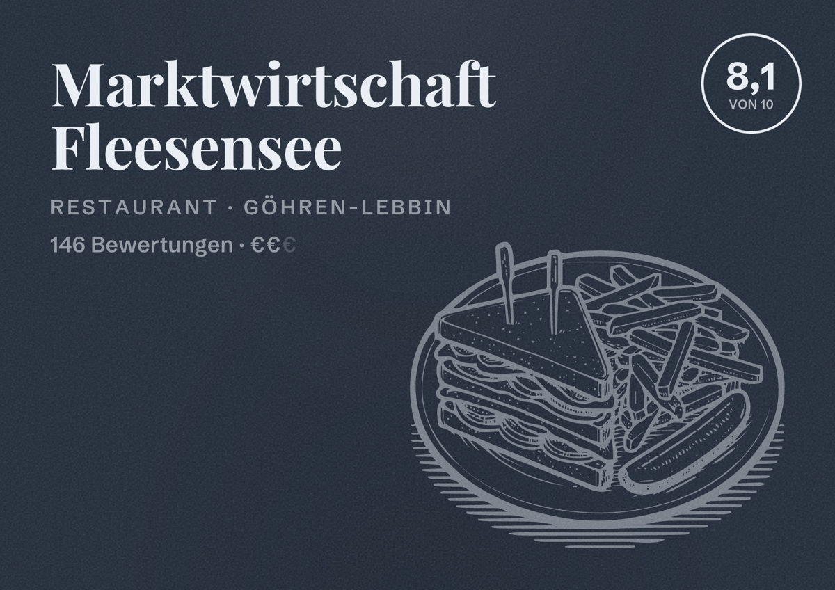 Illustriertes Poster von Marktwirtschaft Fleesensee, Restaurant in Göhren-Lebbin: Bewertung 8,1 von 10 aus 146 Bewertungen, Preisniveau €€